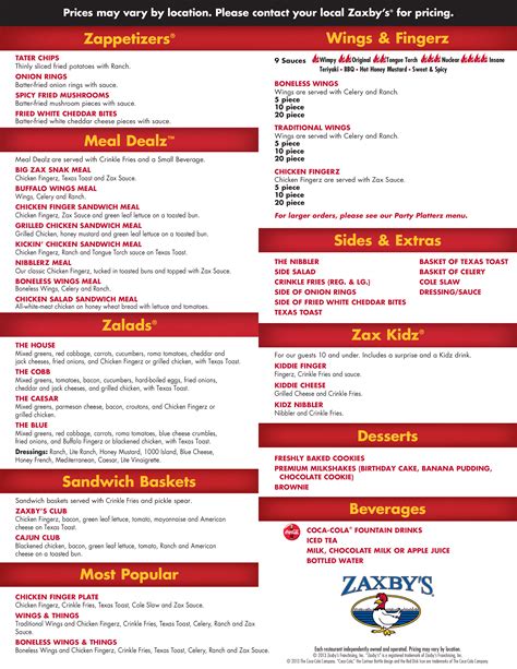 zaxbys menu.|zaxbys dine in menu.